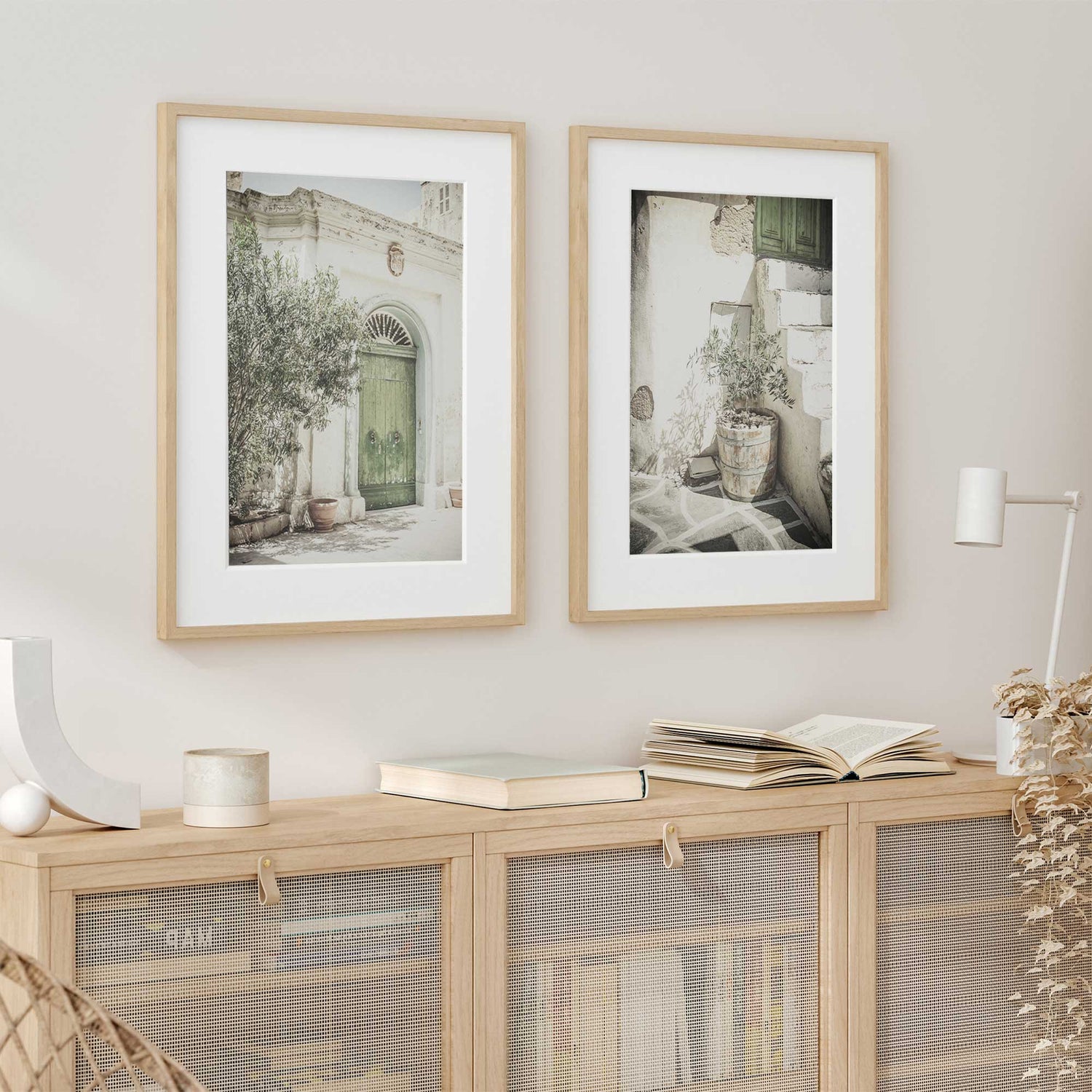 Neutral-toned wall art set featuring rustic green doors and sunlit Mediterranean courtyard