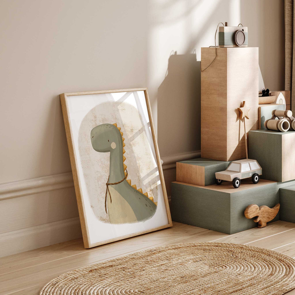 Green dinosaur nursery print with rustic background for kids room