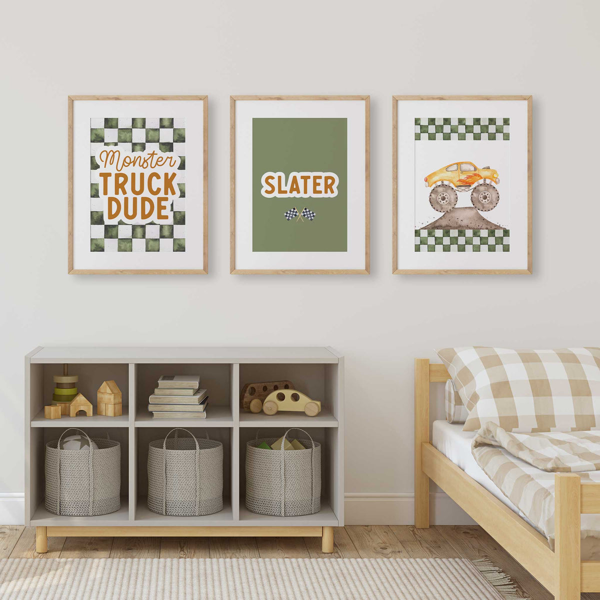 Green checkered monster truck print set with a racing theme and a personalised name print for a boys bedroom