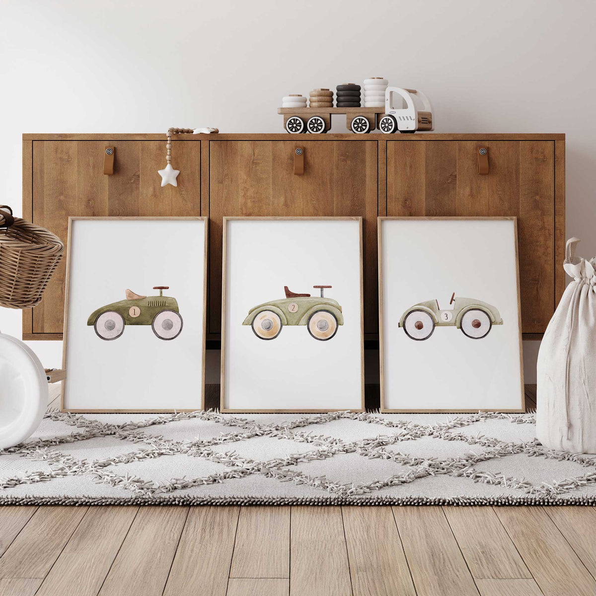 Three vintage toy car prints in olive and muted green tones, numbered 1 to 3 in watercolour on white backgrounds.