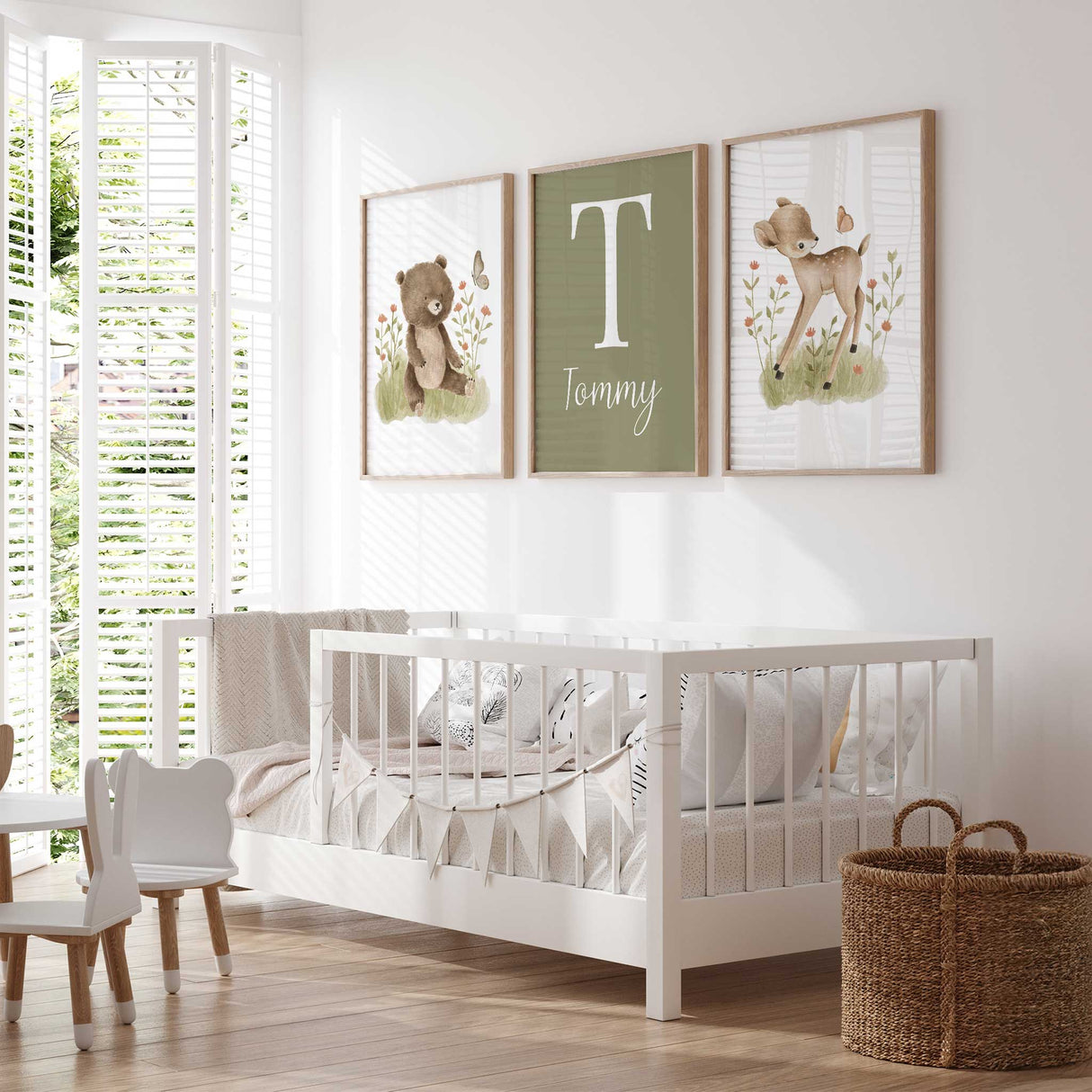 Sage green personalised name print for baby room, part of woodland forest set