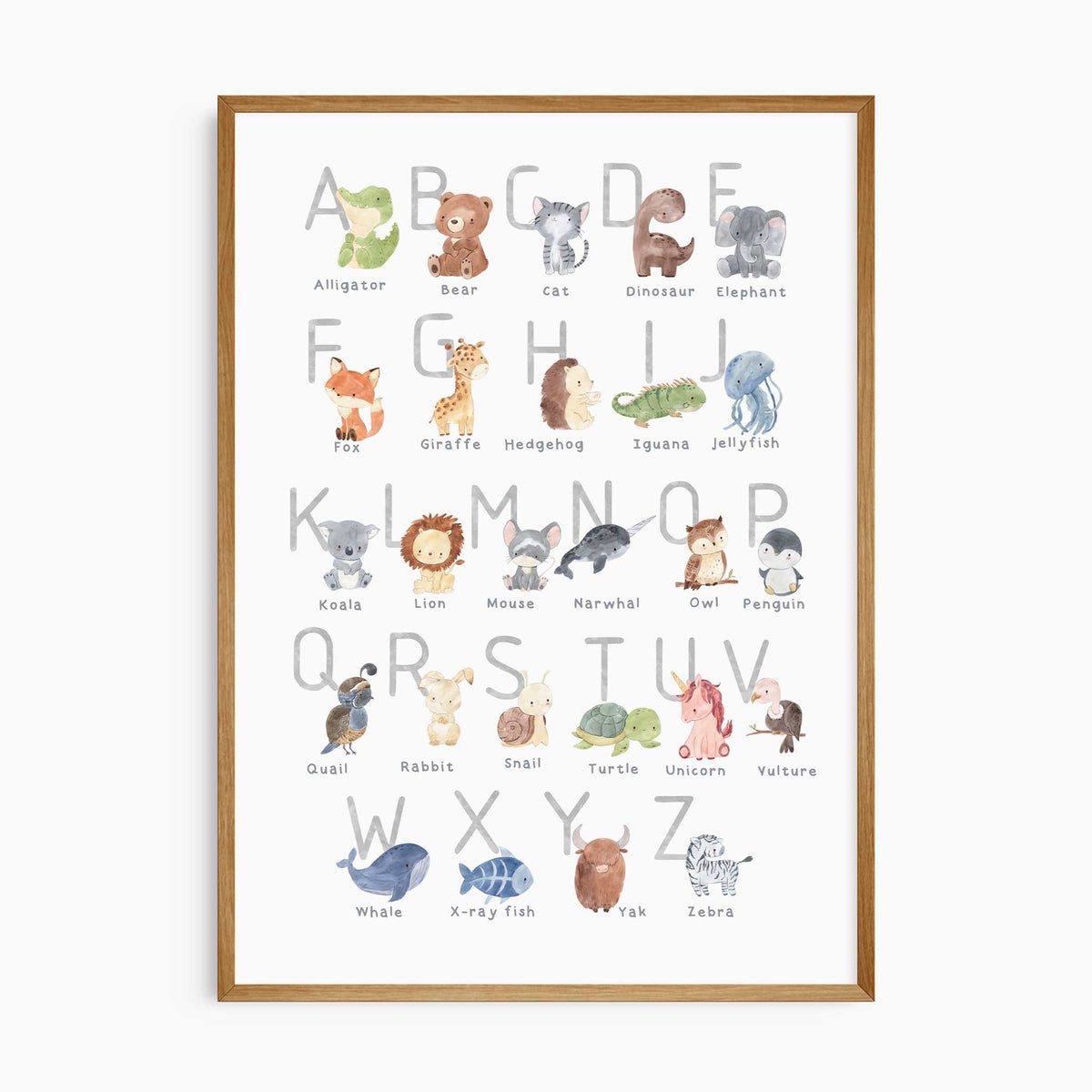 Grey animal alphabet print featuring A to Z letters with watercolour animals, including a koala, lion and zebra.