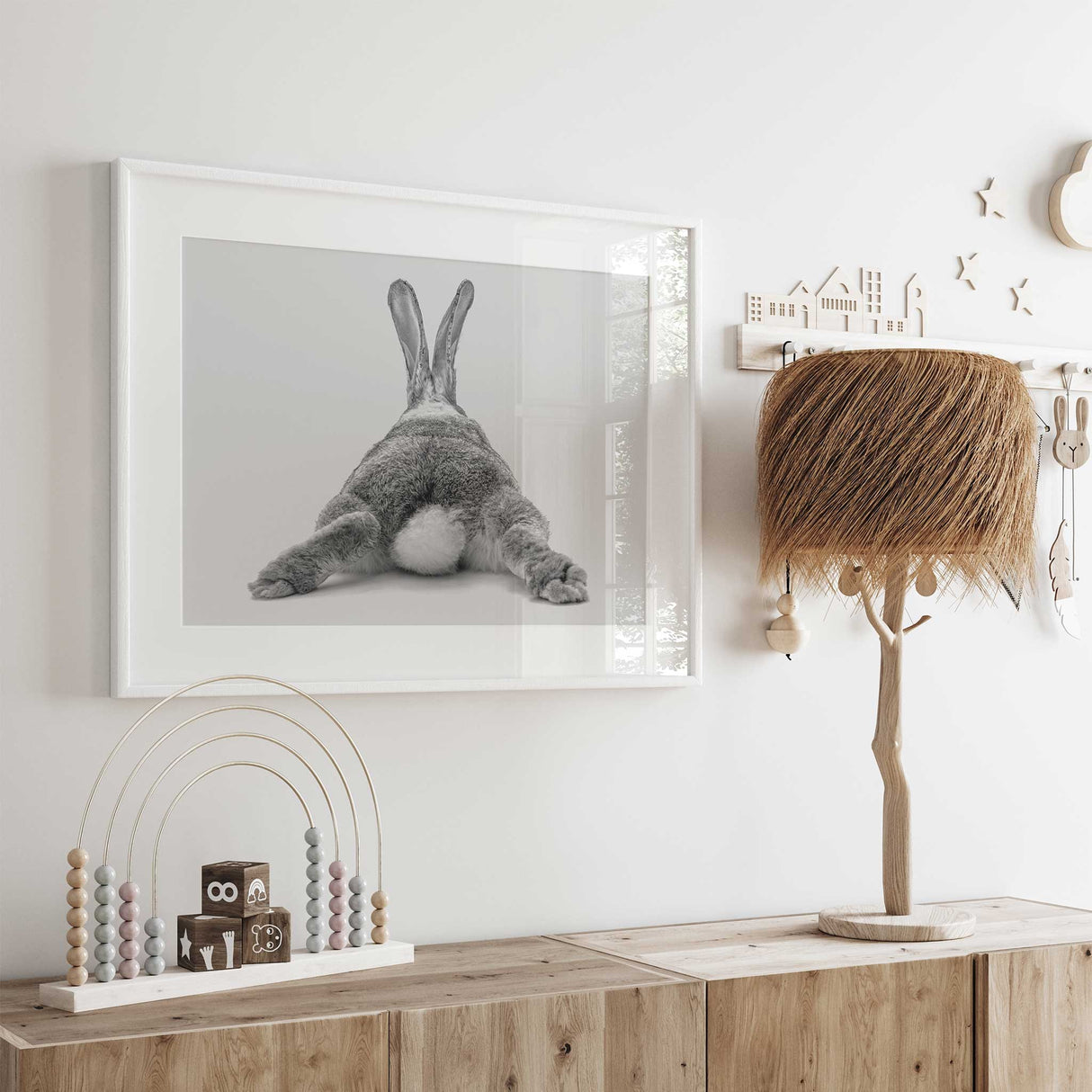 Grey rabbit wall art for nursery or kids room decor