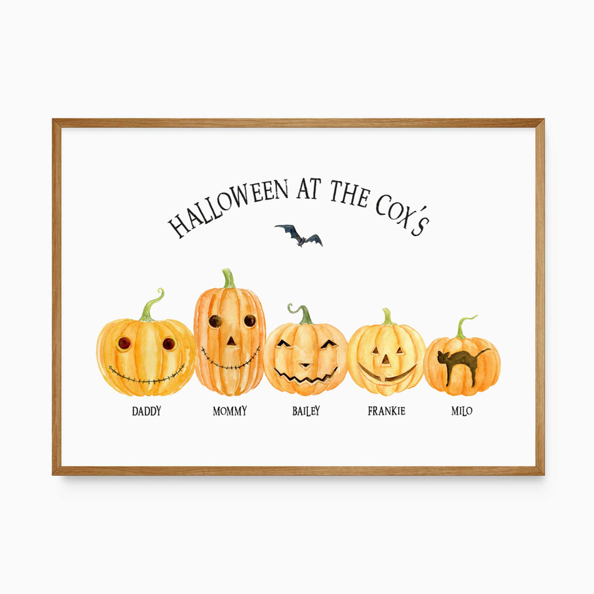 Halloween surname wall art with pumpkin family illustration, printed seasonal home décor.