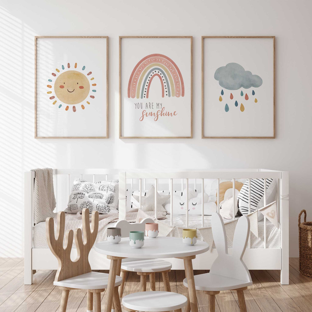 Smiling sun kids wall art with warm tones, perfect for nursery decor