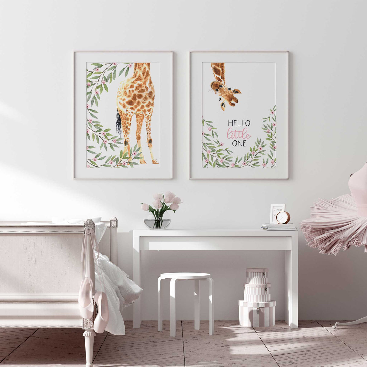 Hello little one giraffe nursery wall art with pink florals for baby girl nursery