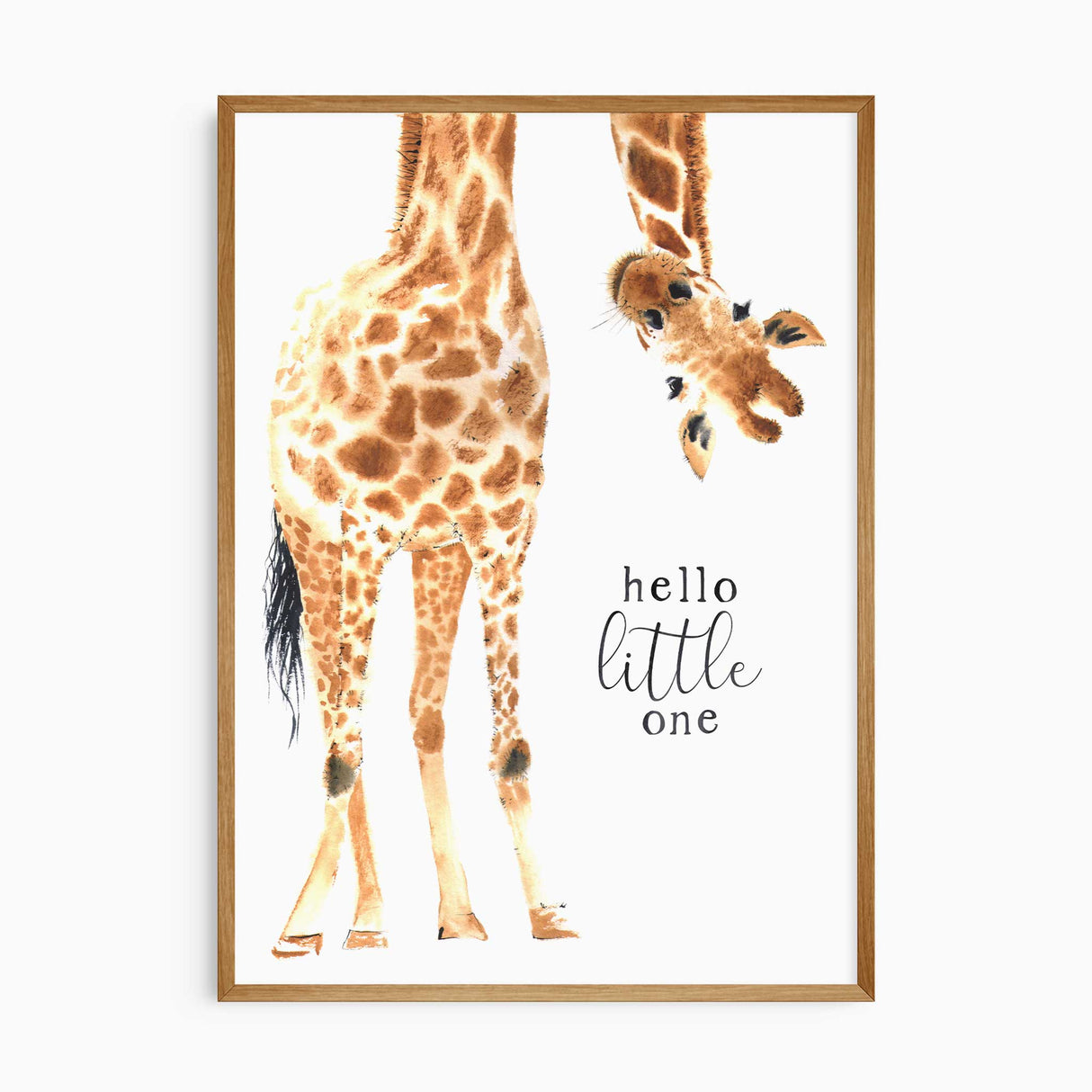 Hello little one giraffe wall art with neutral watercolour style