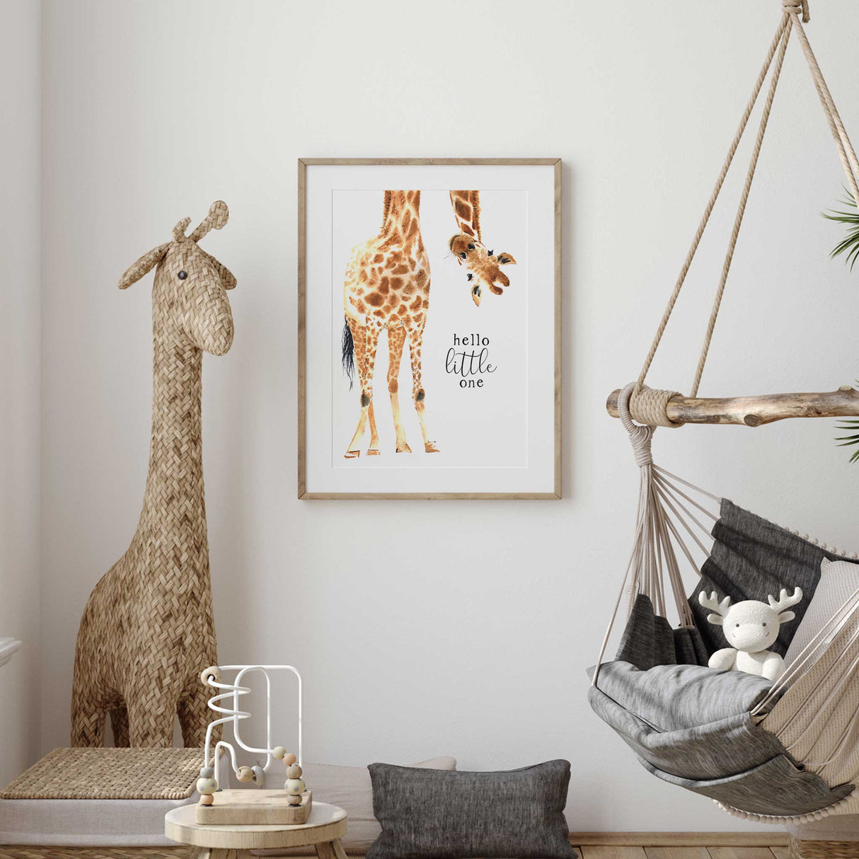 Hello little one nursery giraffe print in neutral tones