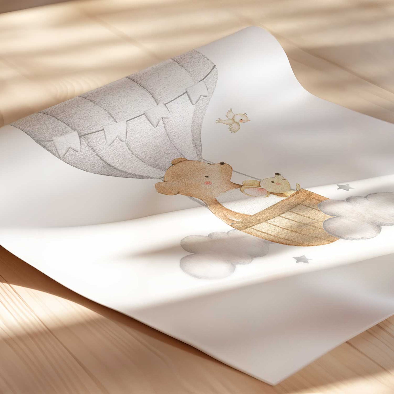 Hot air balloon bear nursery print in dreamy pastel colour options