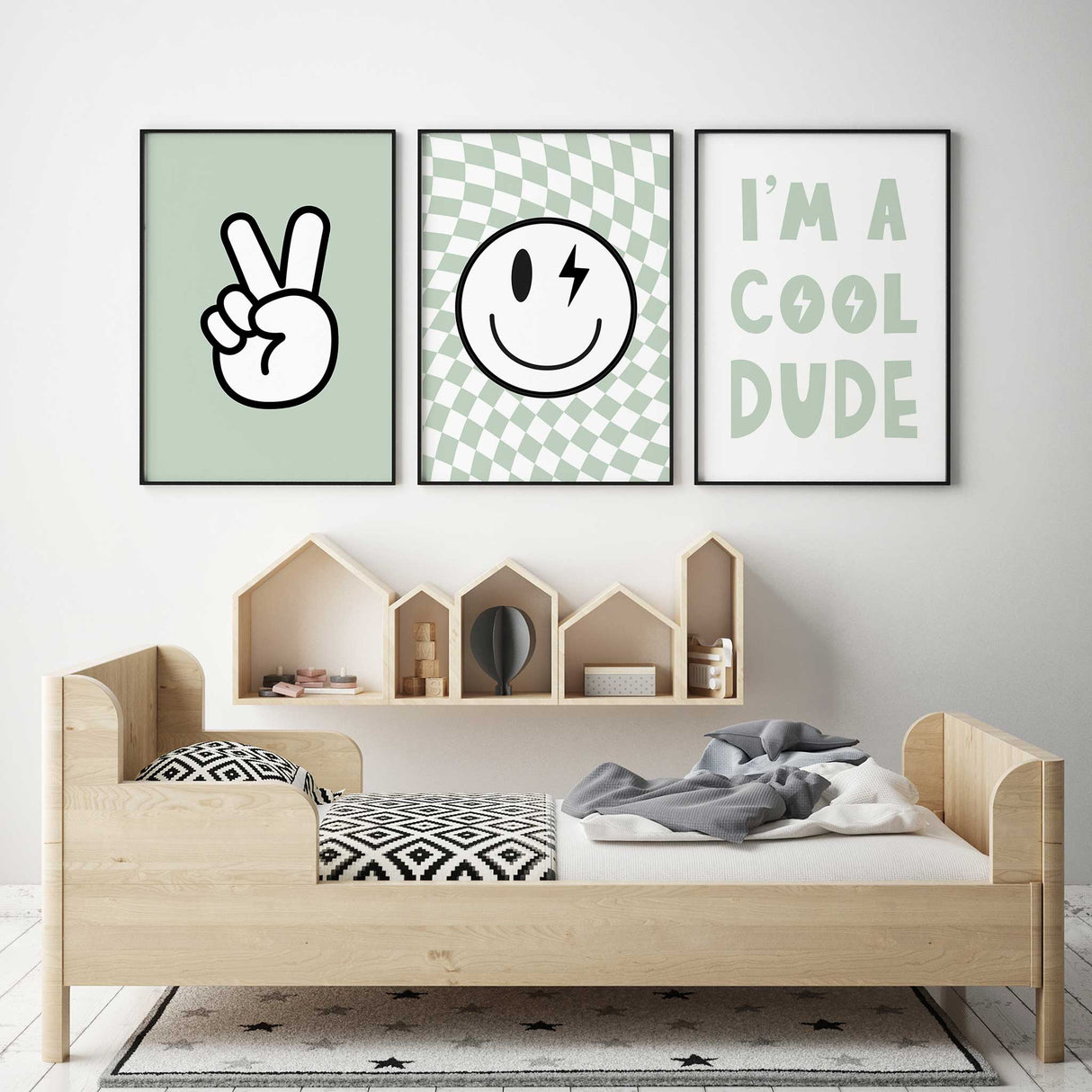 Modern boys room wall art set with trendy graphics for nursery or toddler bedroom.