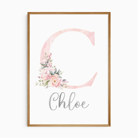 Personalised initial and name print for girls room with floral monogram