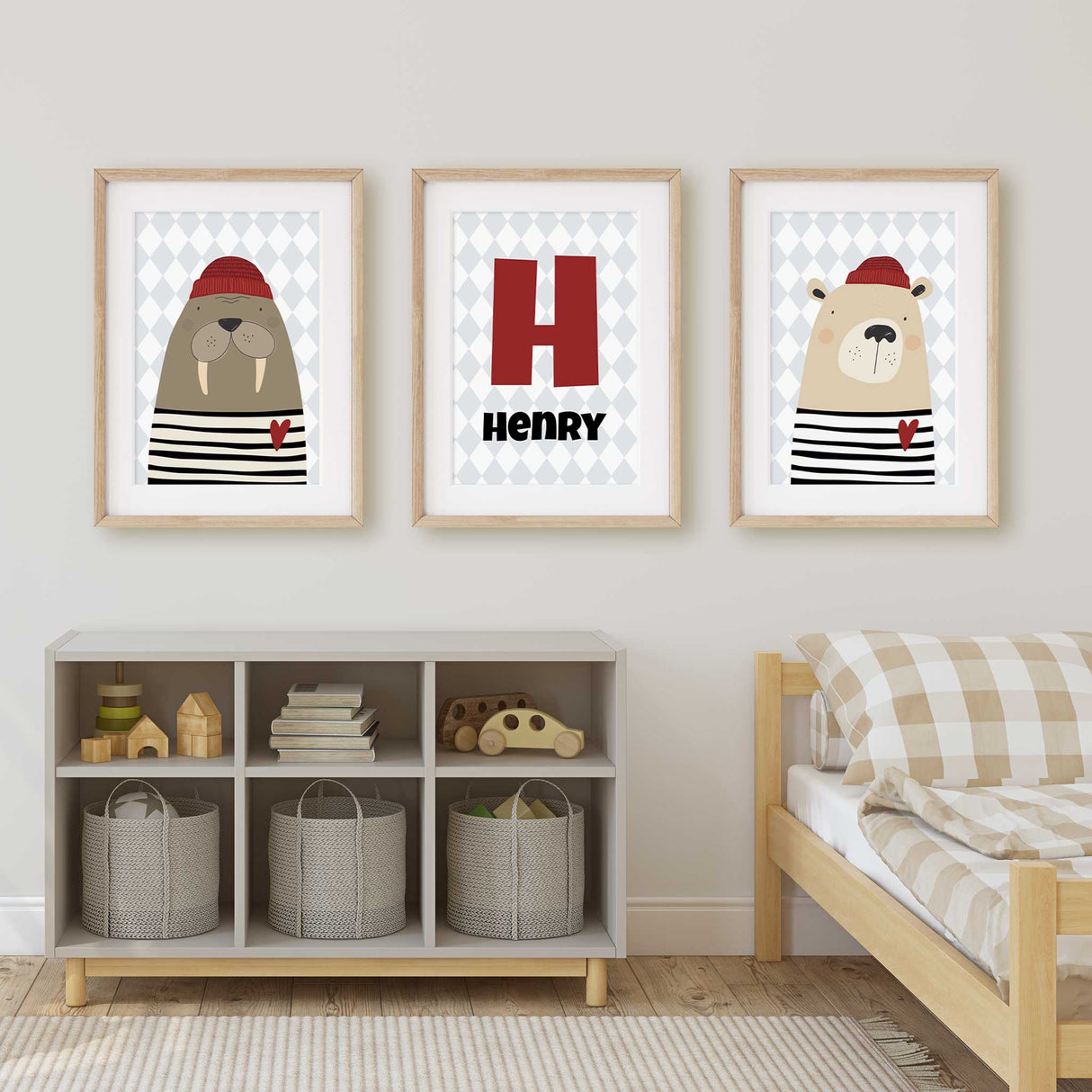 Boys nursery wall art with bold red initial and personalised name in nautical theme.