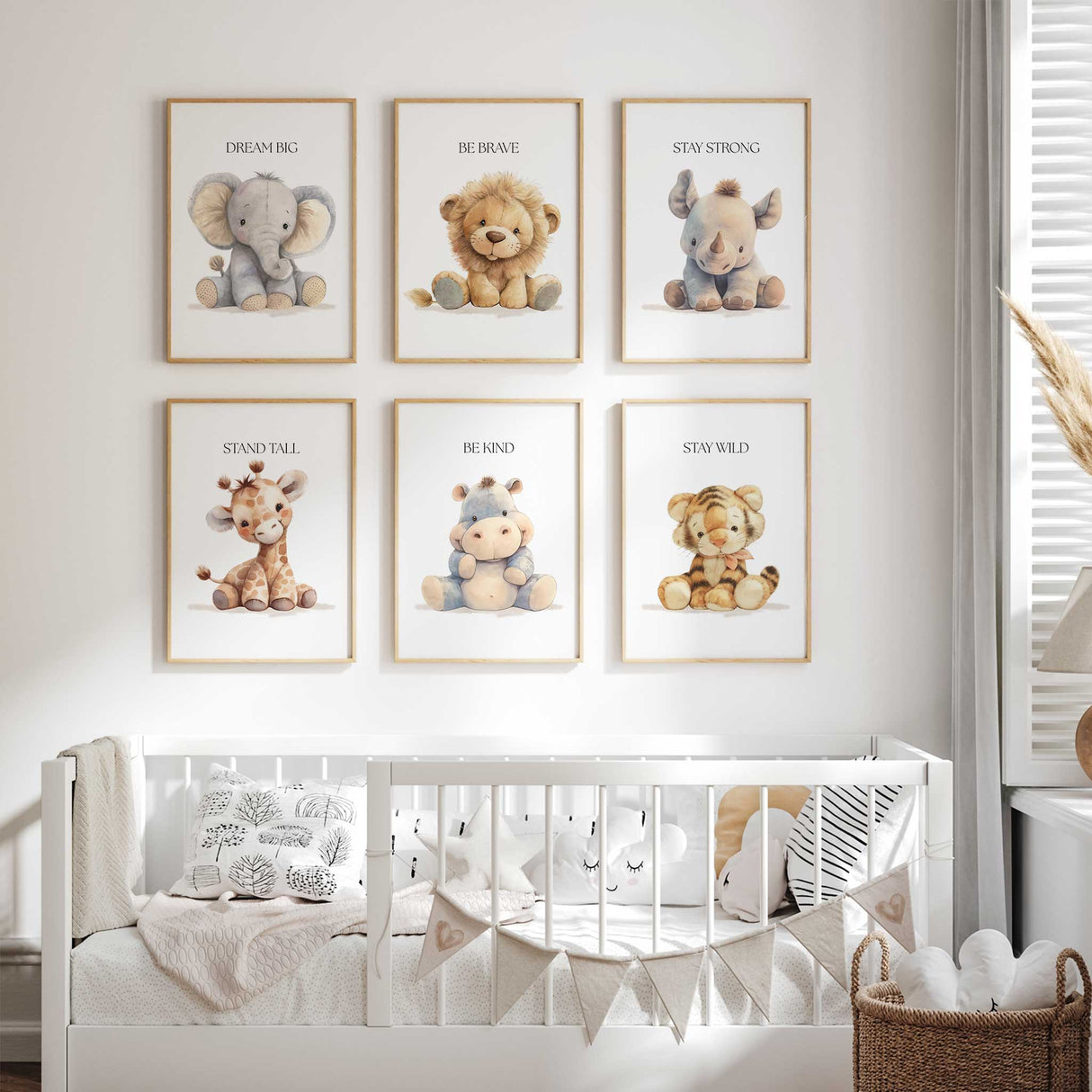 "Set of six neutral safari animal nursery prints with inspirational quotes, perfect as gender-neutral wall decor for children's rooms and baby nurseries."