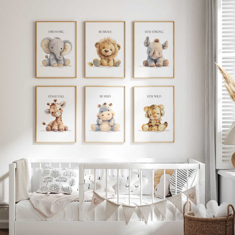 "Set of six neutral safari animal nursery prints with inspirational quotes, perfect as gender-neutral wall decor for children's rooms and baby nurseries."