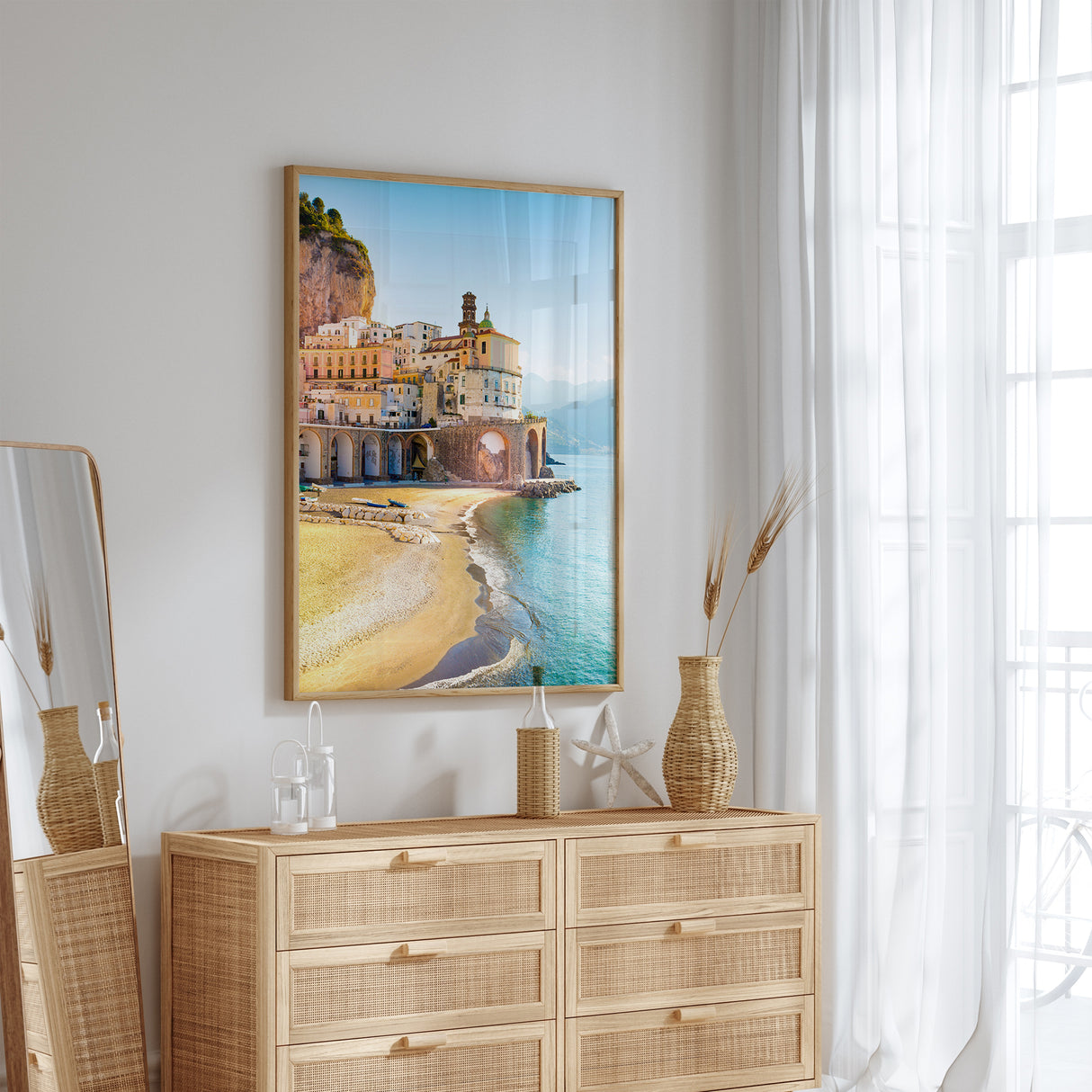 Italy beach landscape print showing Amalfi Coast with sand, sea, and colourful houses