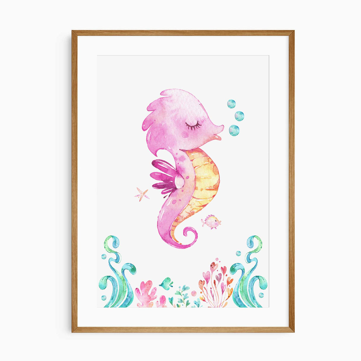 Smiling seahorse wall art with coral and bubbles in soft watercolour tones