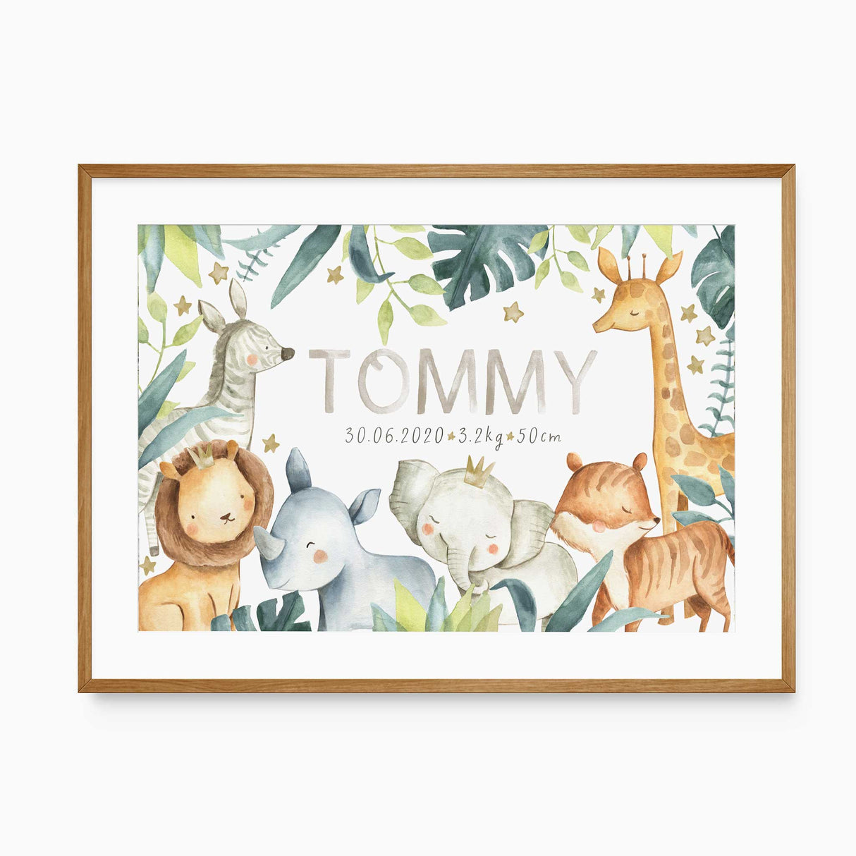 Personalised jungle animal nursery print with birth stats including name, date, weight and height