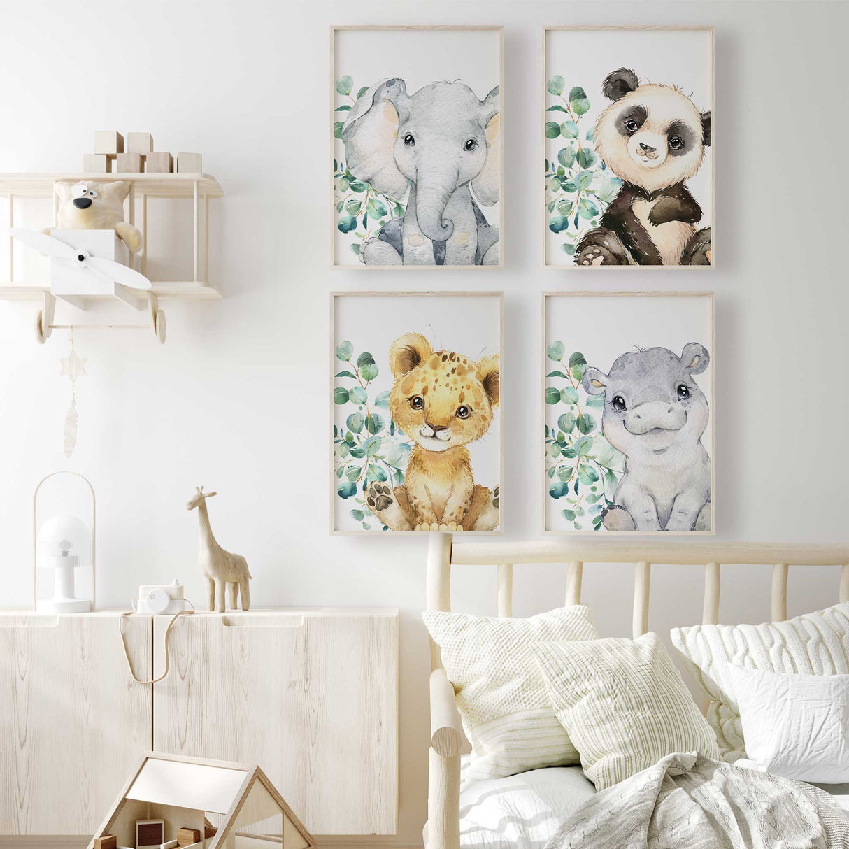 Jungle animal nursery print set with watercolour safari animals for a baby room