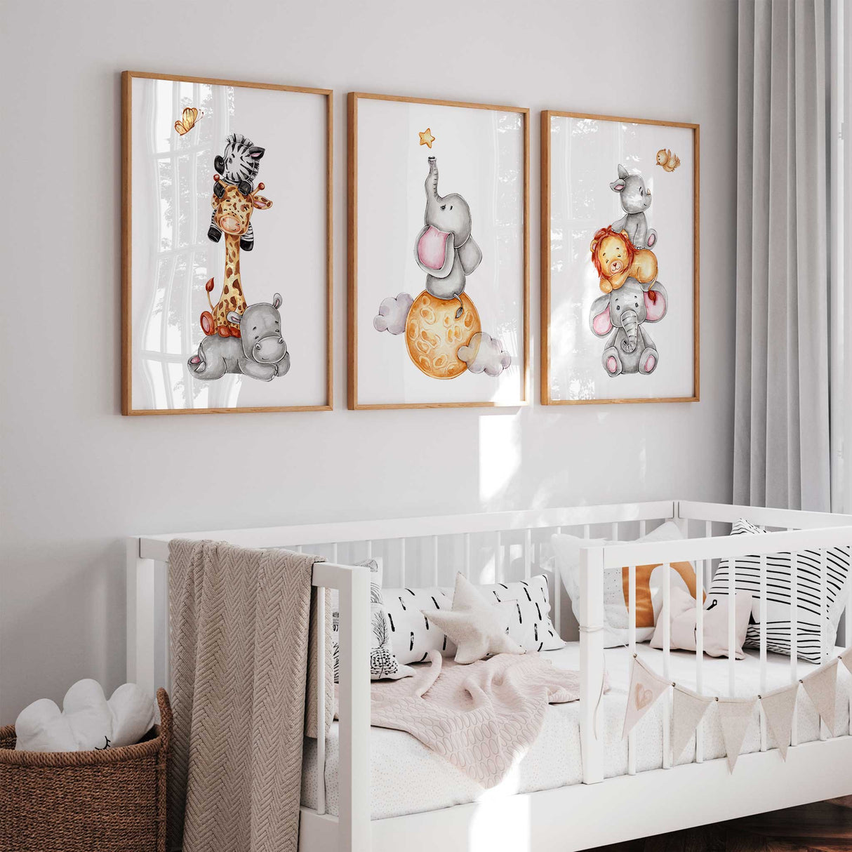 Lion, rhino, and elephant stacked in cute animal tower – fun nursery wall art