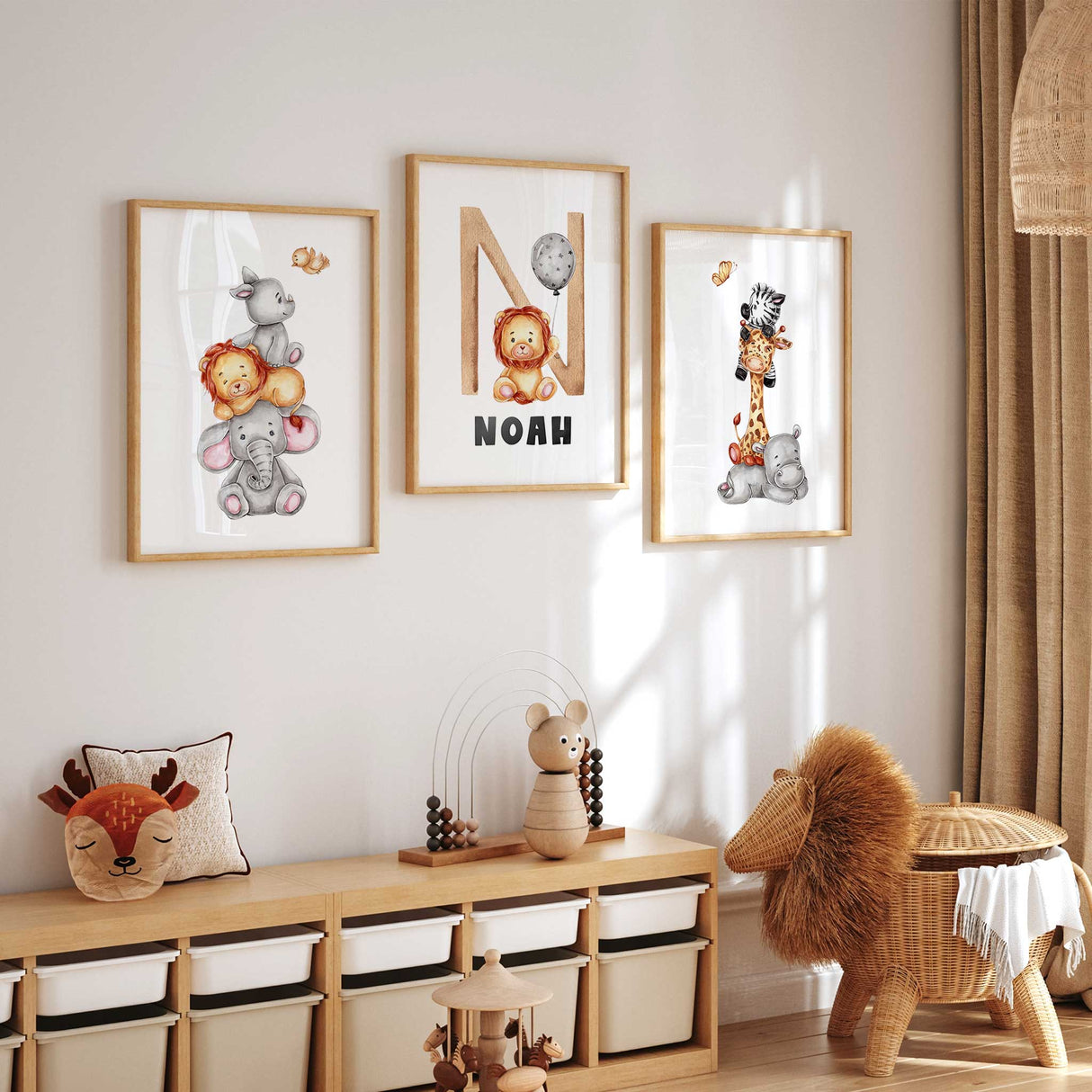 Jungle-themed kids room wall art with watercolor animals and playful animal stacking