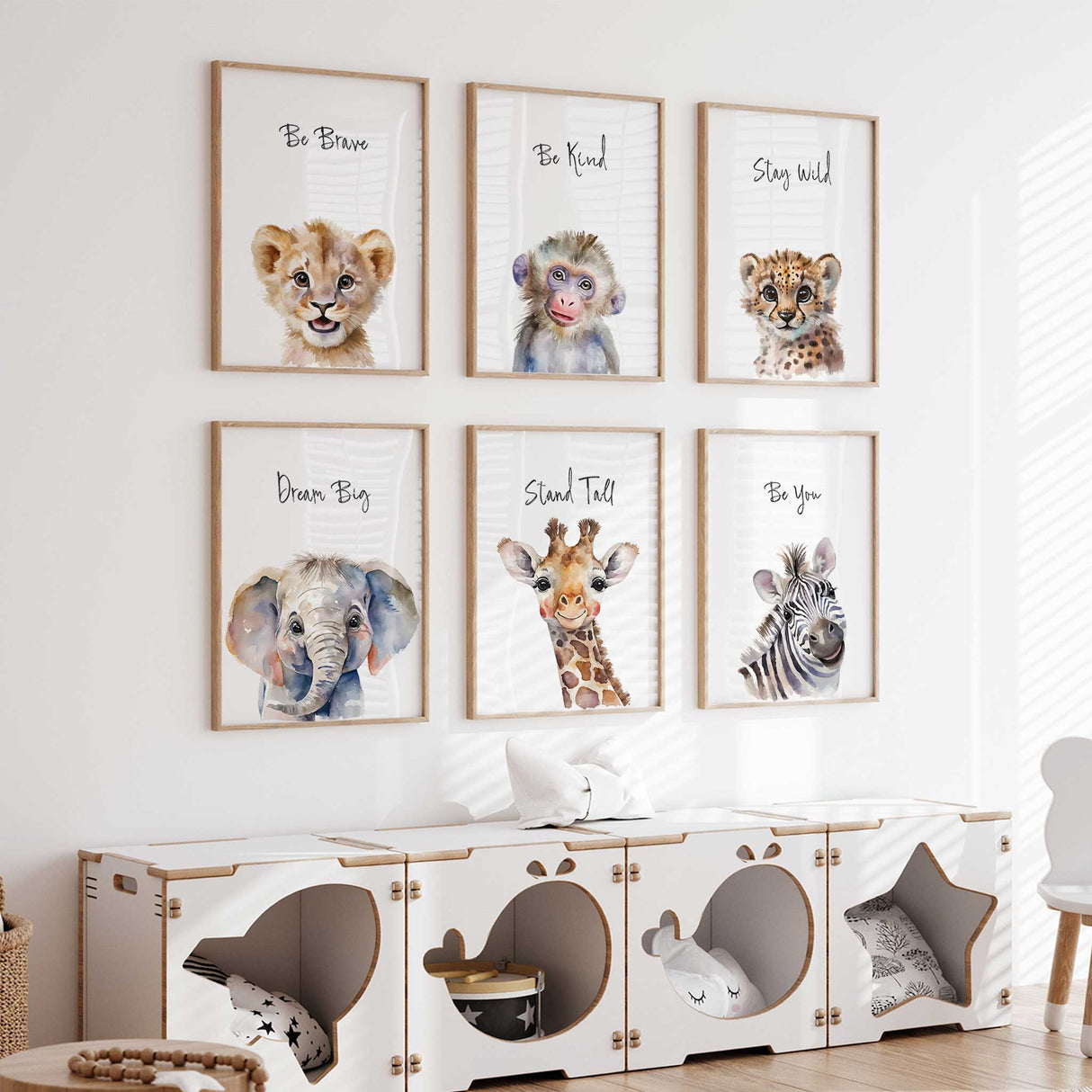 Adorable safari animal print set with uplifting quotes – ideal for jungle-themed nursery, kids' room, or baby shower gift