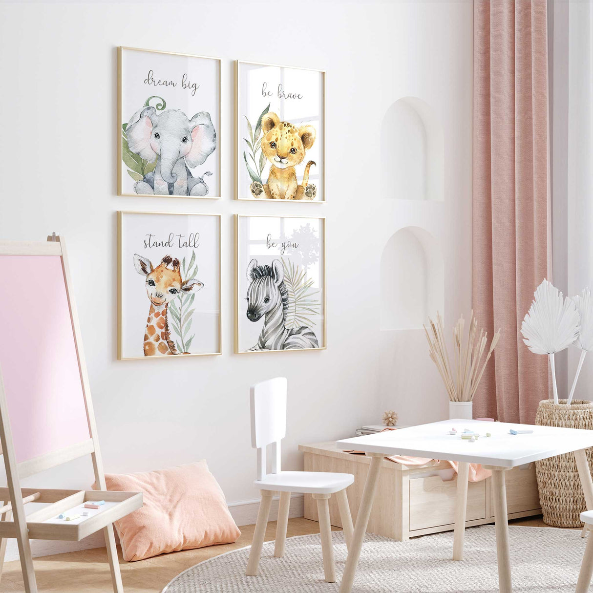 Safari nursery wall art set with lion, elephant, zebra, and giraffe, perfect for gender-neutral kids' rooms or baby decor.