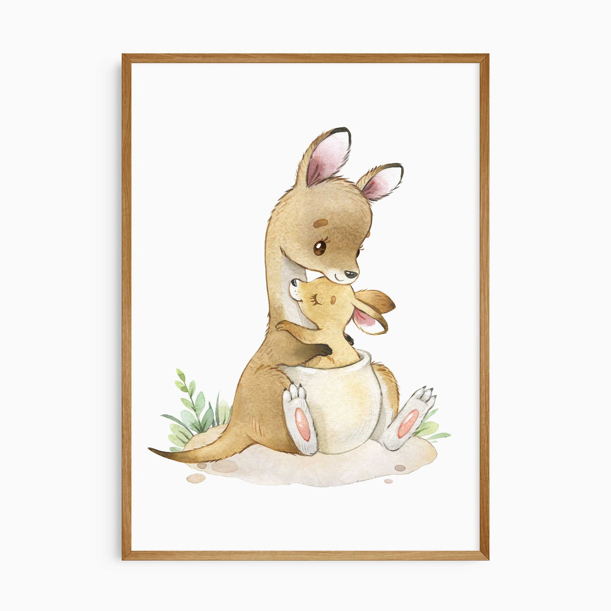 Mother and baby kangaroo wall art print in natural tones, Australian animal nursery decor for boys or girls bedroom.