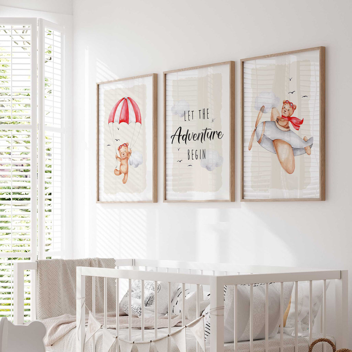 Adventure bear wall art set designed for baby boys' nursery or toddler room decor with motivational and playful designs.