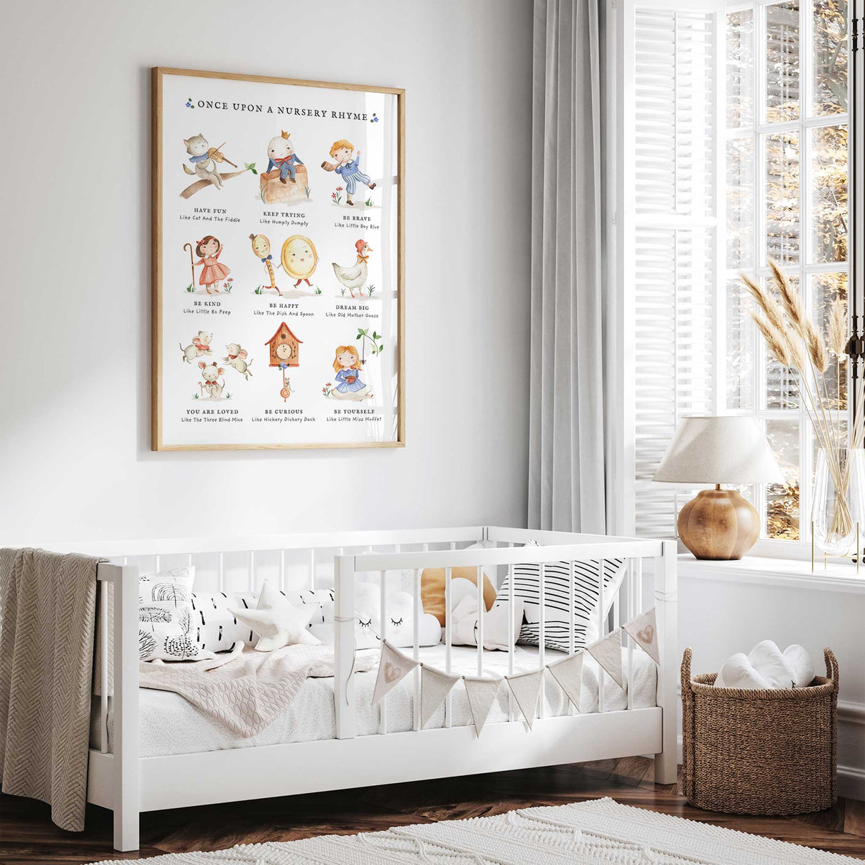 Kids affirmation nursery print featuring classic nursery rhyme characters and positive messages for children.