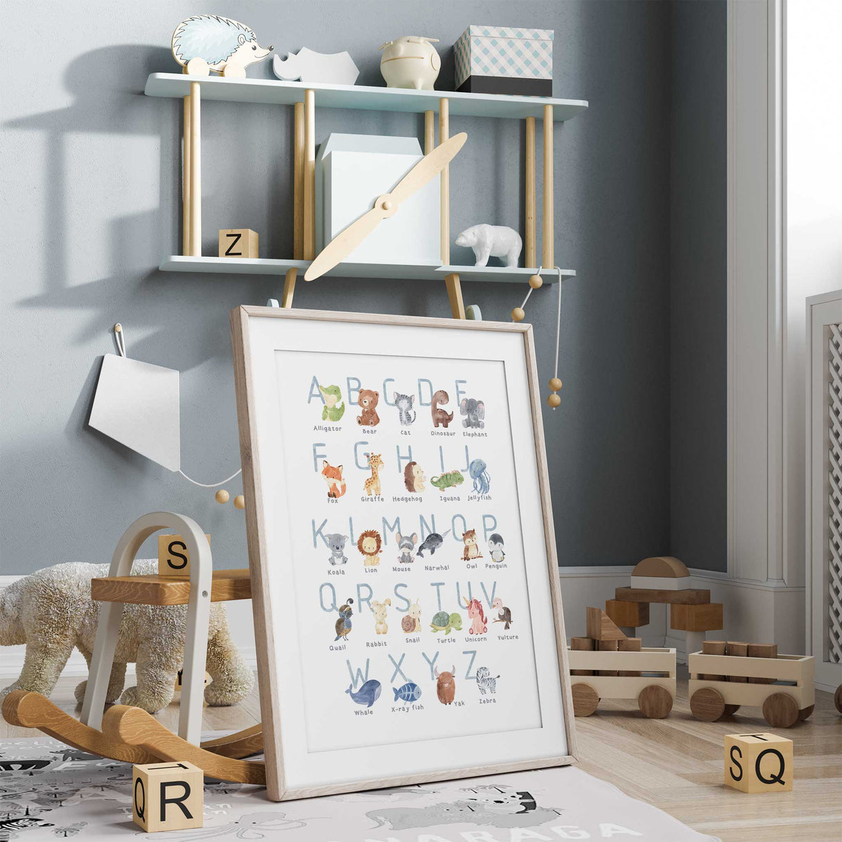 Cute ABC print with animals from alligator to zebra and pastel-colored letters for kids decor
