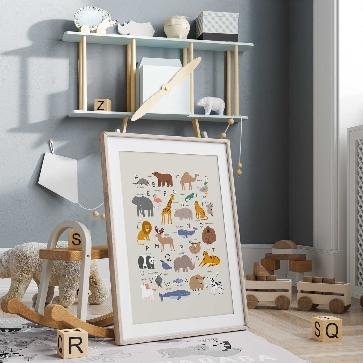 Alphabet animal wall art playroom decor with animal illustrations