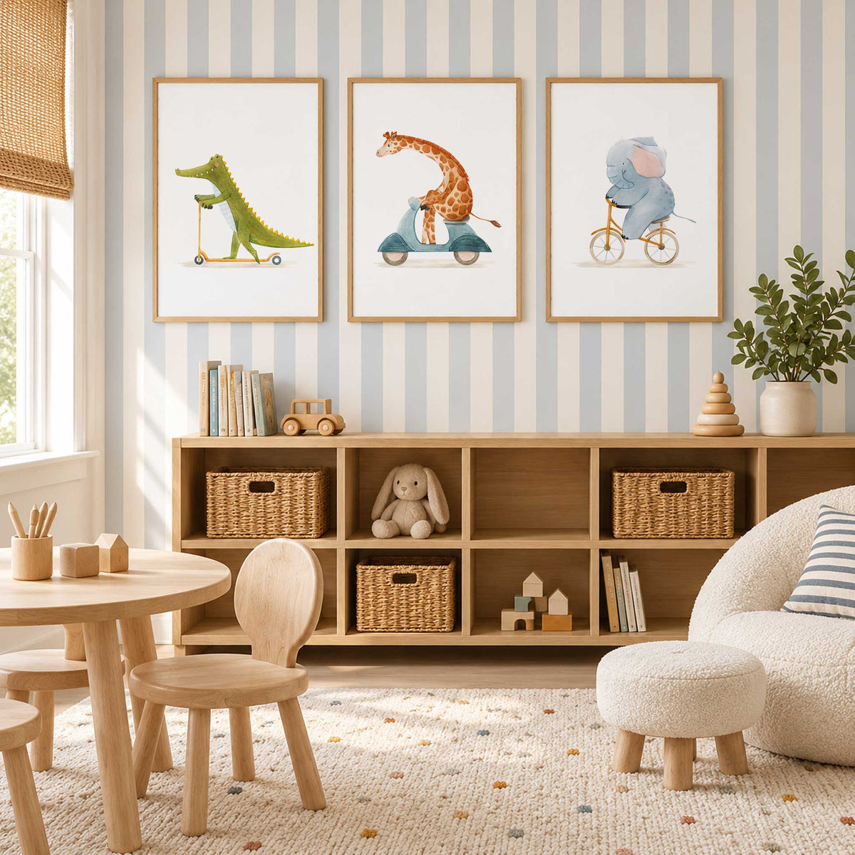 Set of three animal prints featuring a green crocodile, grey elephant and orange giraffe riding scooters and a bicycle.