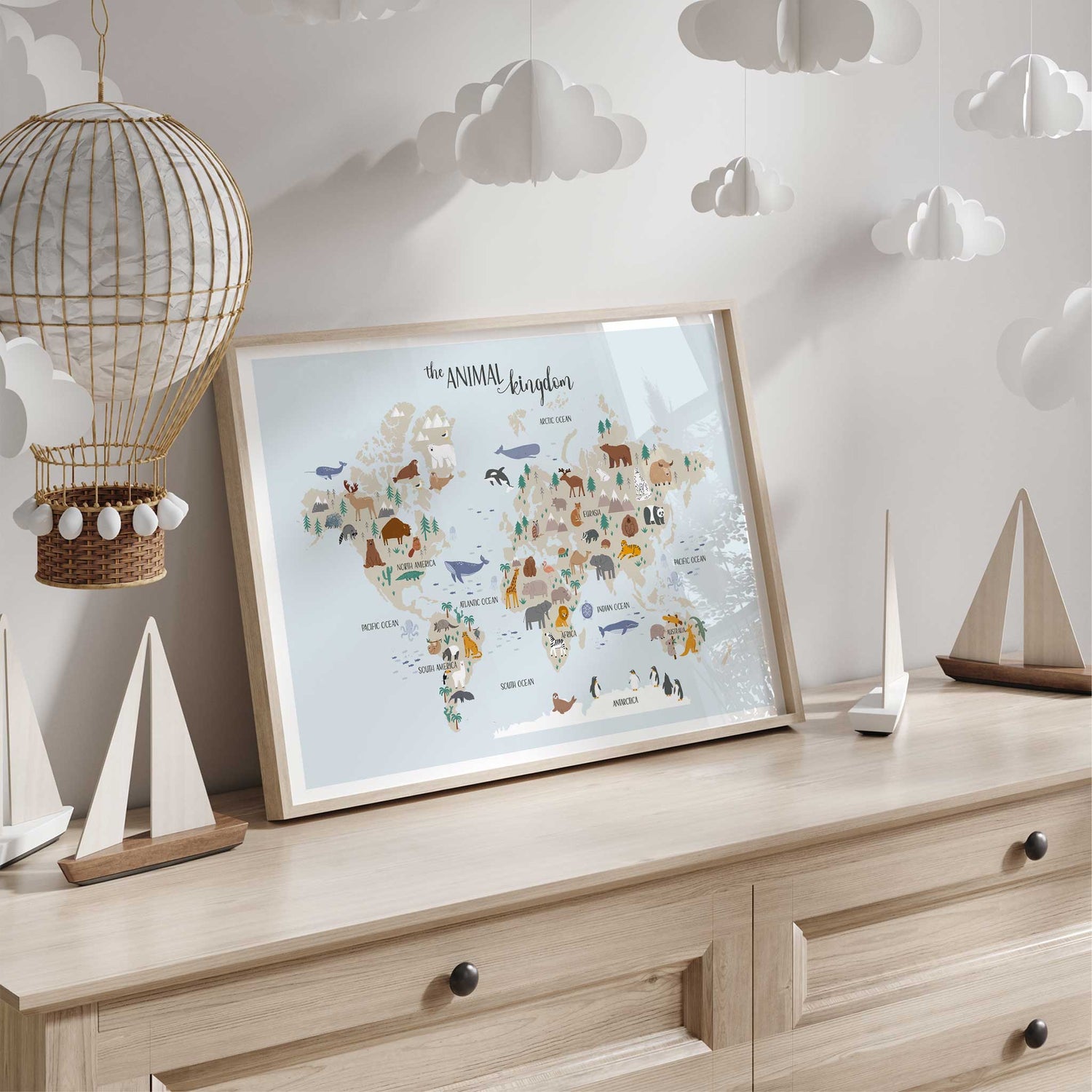 Educational kids animal map print with labeled continents and oceans