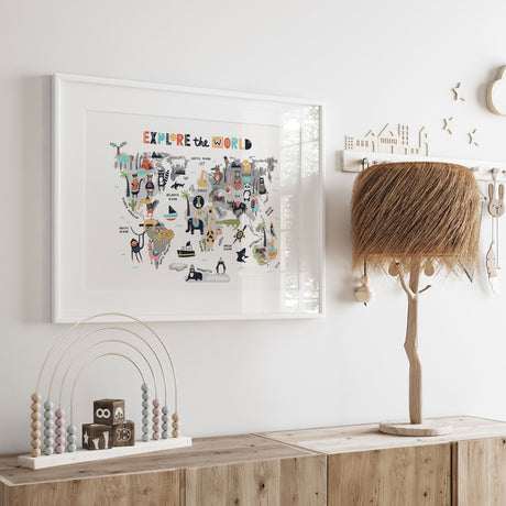 Bright and fun kids' world map print with animals and bold adventure text
