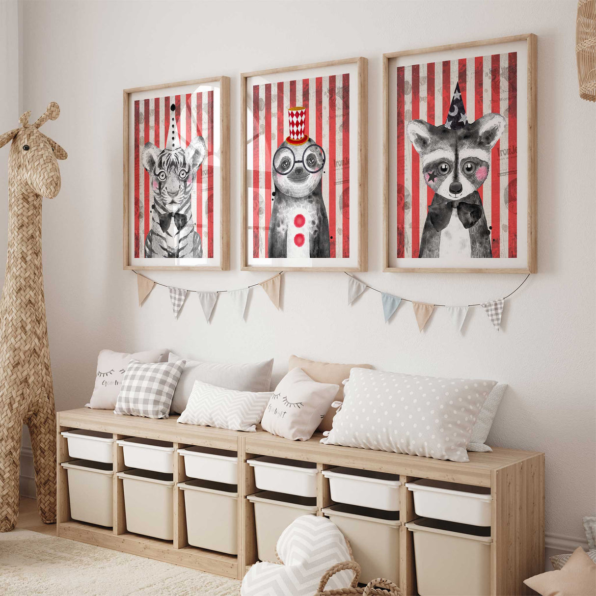 Kids bedroom circus wall art set with red striped backgrounds