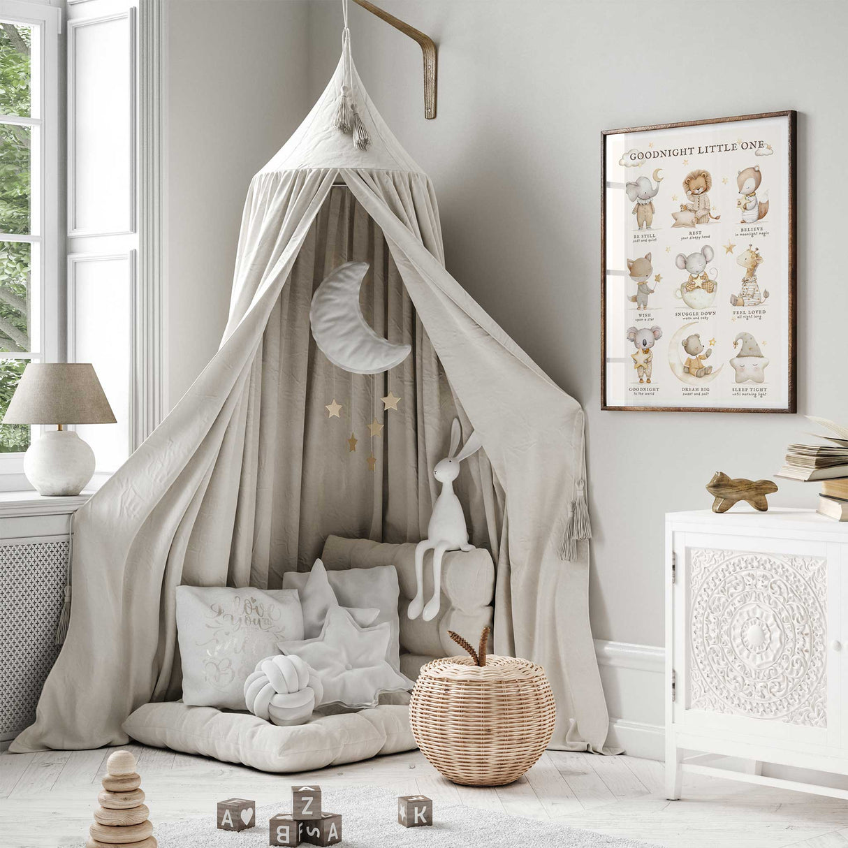 Goodnight print for a kids bedroom with cute sleepy animals, dream big and sleep tight bedtime messages.