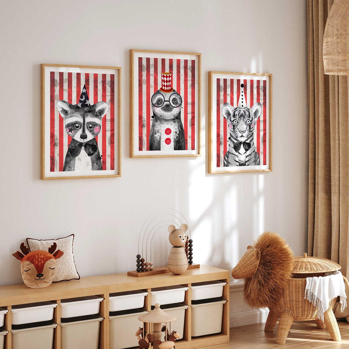 Set of three circus themed animal prints featuring a tiger, sloth, and raccoon with whimsical accessories, set against a red and white striped vintage background.