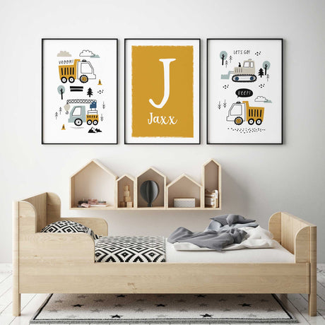construction themed personalised nursery wall art with digger and truck prints for boys.