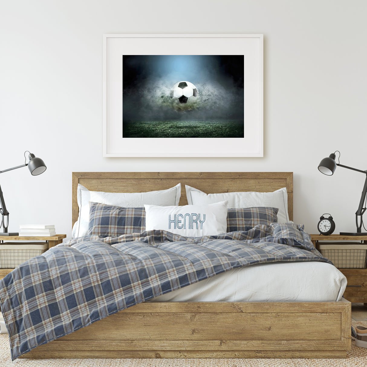 Dynamic soccer print perfect for football fans, printed in a range of sizes with custom options available on request."
