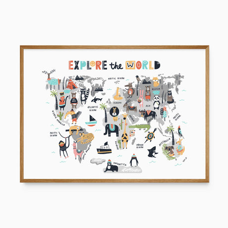 Explore the World map print for kids with animals and playful characters