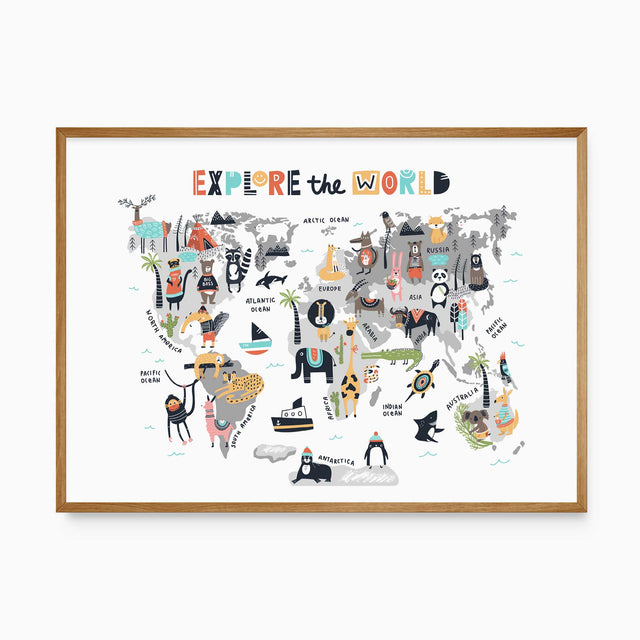 Explore the World map print for kids with animals and playful characters
