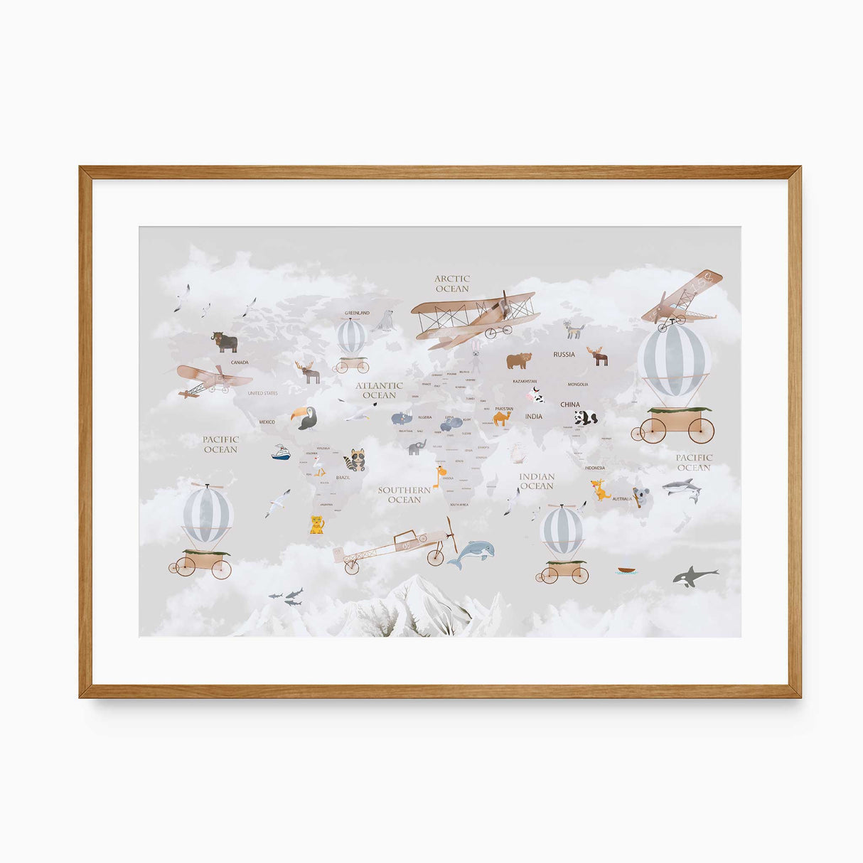 Kids world map print with animals, vintage planes, and airships – nursery wall art