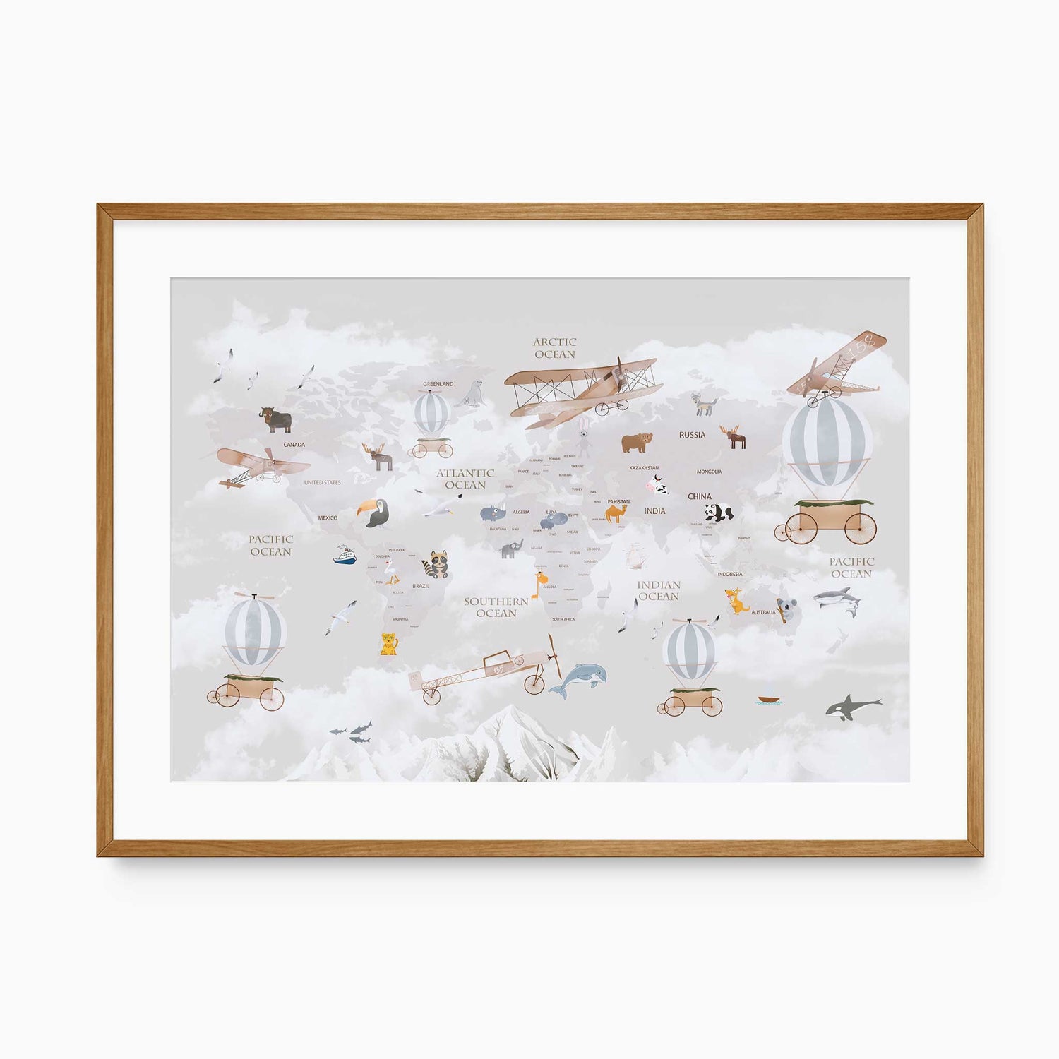 Kids world map print with animals, vintage planes, and airships – nursery wall art