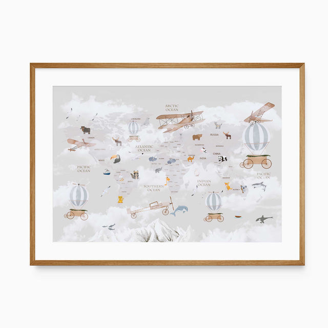 Kids world map print with animals, vintage planes, and airships – nursery wall art