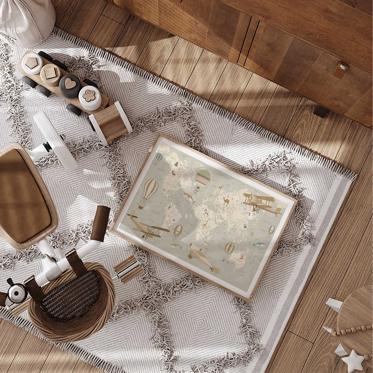 Adventure-themed world map poster for kids with educational animal illustrations.