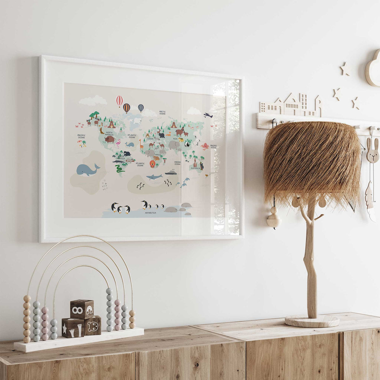 Educational world map poster for children with animals and travel icons