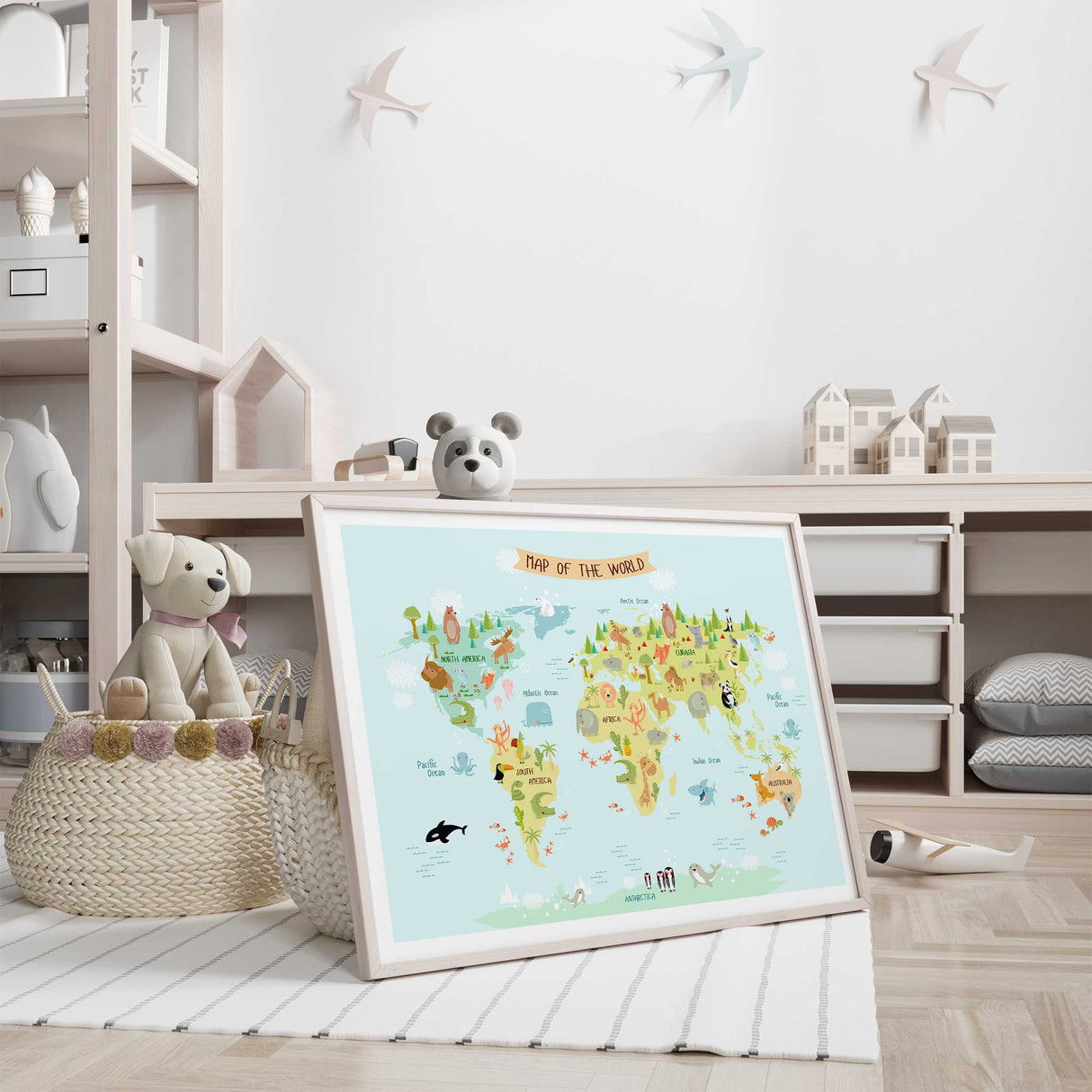 Colourful kids map wall art displayed in a wooden frame for children's bedroom decor
