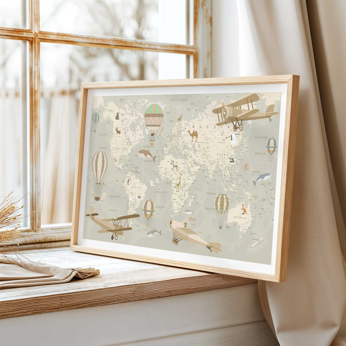 Educational kids map wall art showcasing continents, oceans, and animals