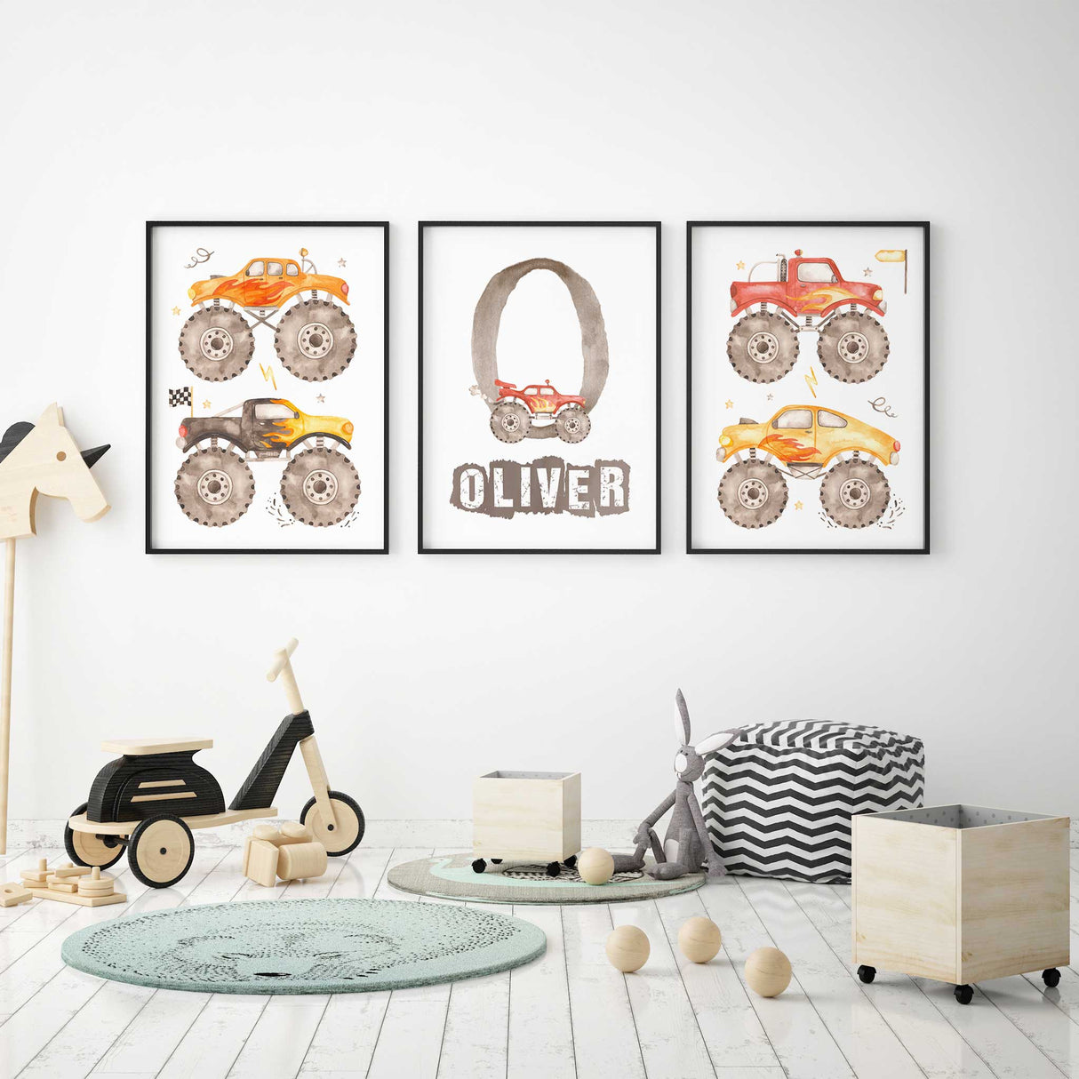 Colourful monster truck wall art styled in a child’s bedroom with two vehicle prints and one personalised name print.