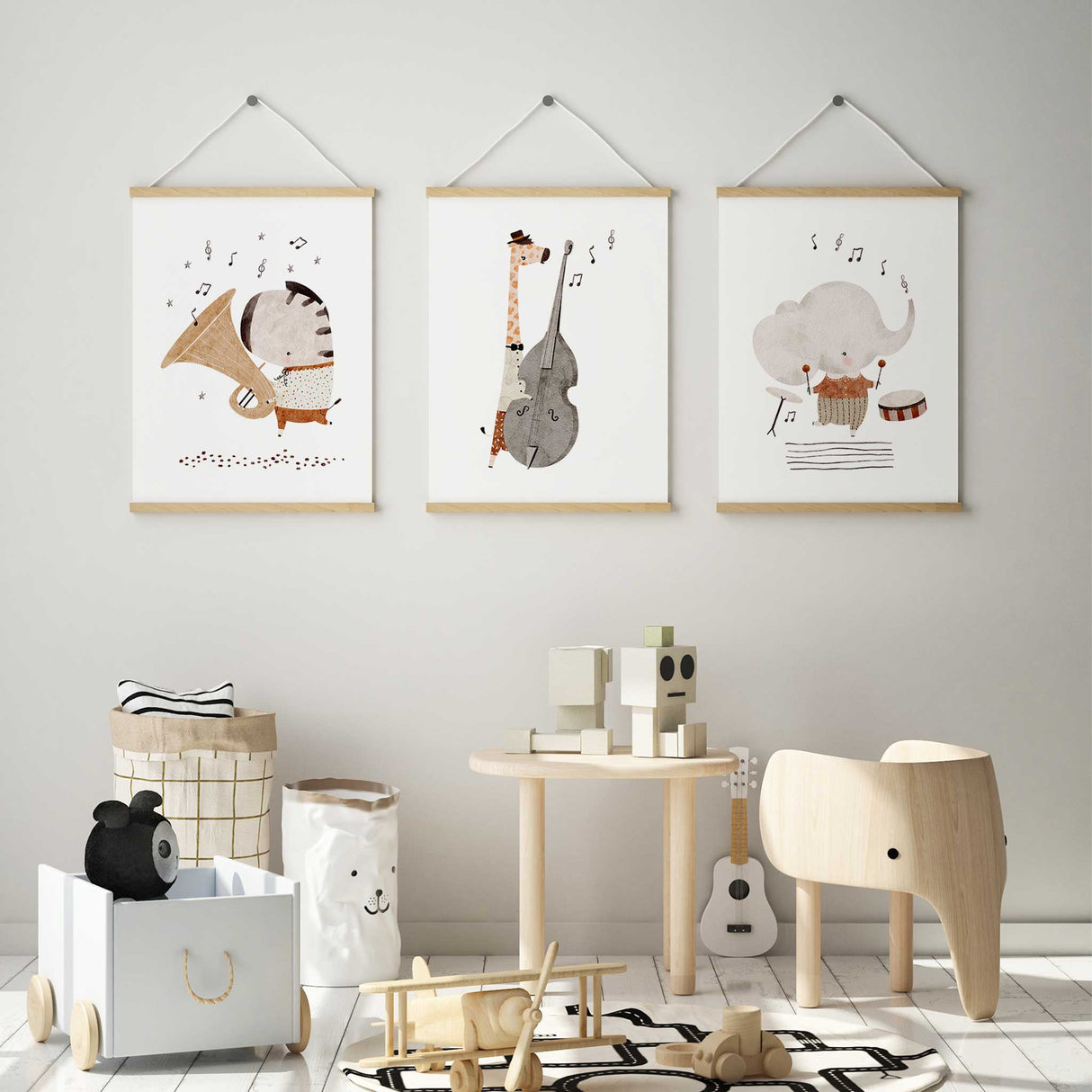 Kids music themed wall art set with animal illustrations